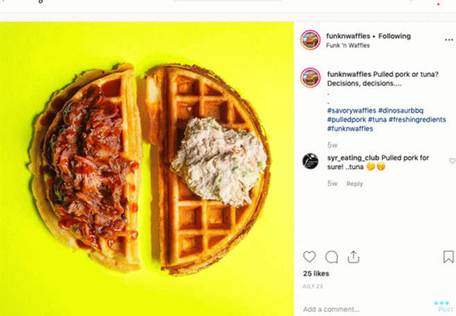 Waffle inspiration can come from anywhere—in this case, Syracuse, Nueva York.  Beloved cafe Funk n' Waffles offers your choice of savory waffles, such as pulled pork- or tuna-topped.