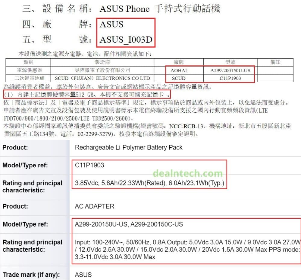 Asus Certificación ROG Phone 3 NCC Taiwán 