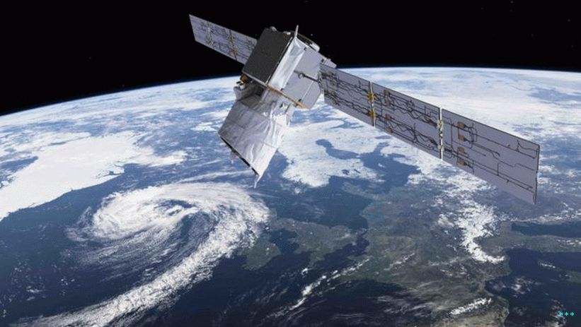Ilustración del satélite Aeolus de la Agencia Espacial Europea que orbita la Tierra