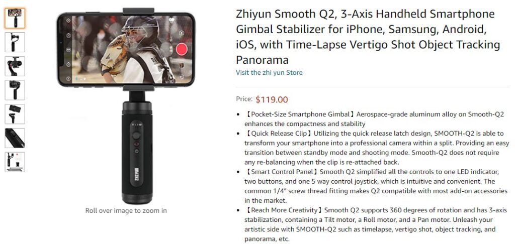 Zhiyun Smooth Q2 Gimbal y Smooth 4 Gimbal a la venta por $ 107 y $ 94, respectivamente